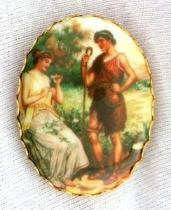 Greek Man And Woman In Garden Gold Color Cabochon Cab Bezel Pin Brooch CP8 - Picture 1 of 3