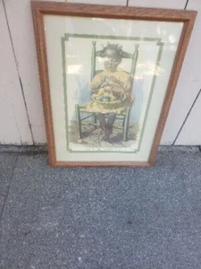 Vintage "Harry Roseland" *Young Black Americana Girl Knitting* 1982 Framed - Picture 1 of 5