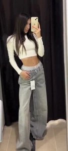 ZARA WOMAN NWT LOW RISE WIDE LEG TRF BOXER JEANS LIGHT GREY SIZE UK 16 5520/019 - Picture 1 of 9