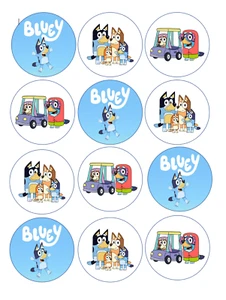 Set of 12 Blue dog cartoon, edible paper, cupcake cookie toppers PRE CUT - Picture 1 of 5
