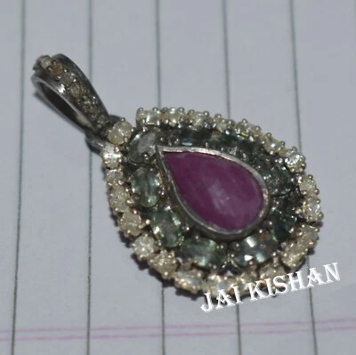 Rubino Verde Zaffiro Gemma Polki Diamante 925 Argento Sterling Festa Ciondoli - Immagine 1 di 4