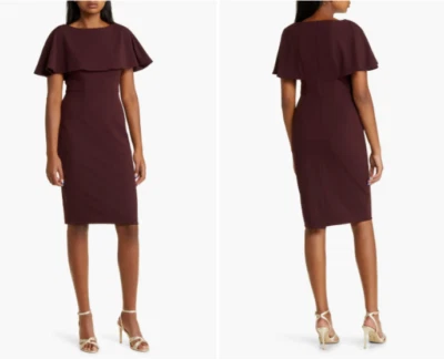 ELIZA J Wine Bordeaux Capelet Flutter Popover Stretch Sheath Cocktail Dress 8 M - Image 1 of 4