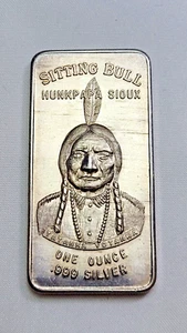 Vintage 1973 Sitting Bull Hunkpapa Sioux 1 Troy Ounce Silver Art Bar - Picture 1 of 2
