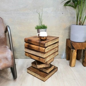 Side Table Book Stack Design w Storage Compartment Natural Burned - Picture 1 of 1