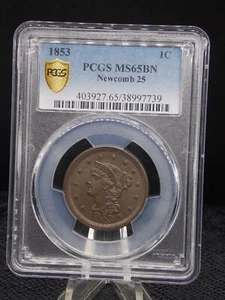 UNITED STATES 1853 BRAIDED HAIR LARGE CENT N-25 SLABBED PCGS MS 65 BN - Bild 1 von 2
