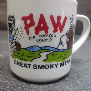 VTG Great Smoky Mountains Souvenir Ceramic Coffee Cup W/ Paw Yer Coffee's Ready - Foto 1 di 10
