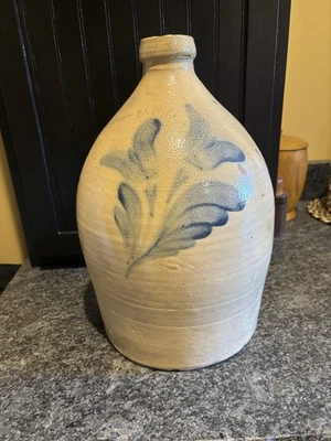 Antique 2 Gallon Lyons Salt Glazed Jug With Blue Cobalt Flower - Image 1 of 4