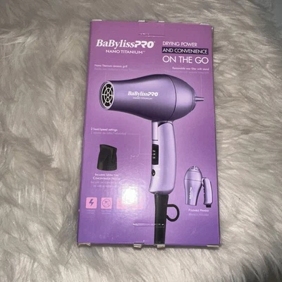 NEW Babyliss Pro Nano Titanium Travel Purple Hair Dryer Foldable Handle 2 Speed - Image 1 of 2