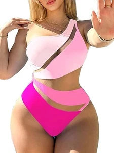 NWT Women's Sexy One Piece Bathing Suit One Shoulder Mesh Swimsuits SZ M - Picture 1 of 8