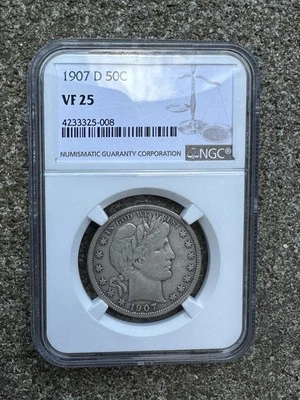 1907-D Barber Silver Half Dollar 50C NGC VF 25 RARE KEY DATE - Image 1 of 4
