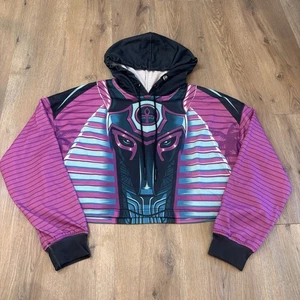 Fresh Hoods Women's Cropped Stretch Drawstring AOP Striped Hoodie Pink Teal XL - Picture 1 of 7