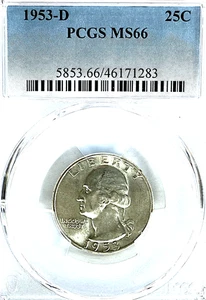 1953-D George Washington Silver Quarter 25C PCGS MS66 / HARD TO FIND /UNC - Picture 1 of 8