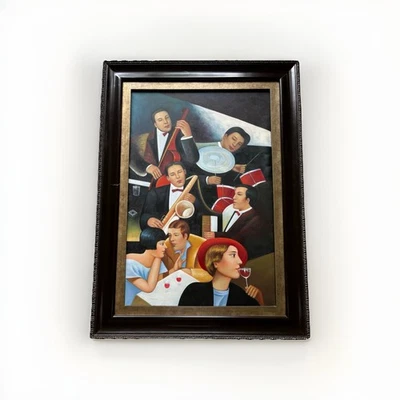 M. Hanoble Large Art Deco Jazz Band Oil Painting – 45x33.5 Framed Lounge Scene - Image 1 of 4