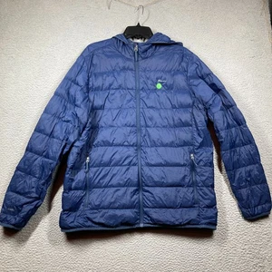 Eddie Bauer Hooded Jacket Mens Large Blue Down Puffer Packable Lightweight FLAWs - Picture 1 of 15