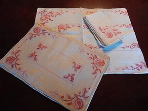 VTG EMBROIDERED Victorian TABLE RUNNER / Napkins Placemat IVORY LINEN 17 PIECE - Picture 1 of 9