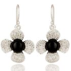 Black Onyx And White Topaz Sterling Silver Gemstone Flower Dangle Earrings
