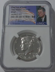 1964 NGC PF67 PROOF SILVER KENNEDY ACCENT HAIR HALF JFK COIN 50c SIGNATURE LABEL - Picture 1 of 3