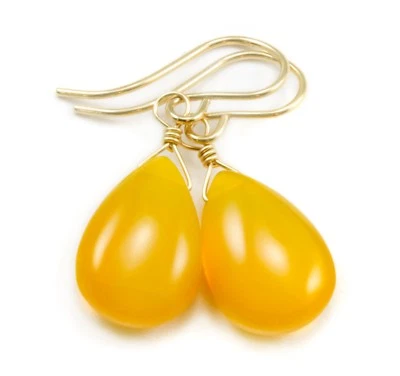 Yellow Honey Earrings Simulated Amber Teardrop Dangle Simple Sterling 14k Gold - Image 1 of 4