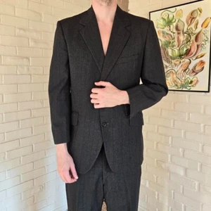 Vtg 70s Suit Set men's Matching, Pin Striped Grey, Golden Emblem Wool - Picture 1 of 8