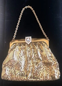 Cartera de malla dorada vintage Art Deco Whiting y Davis cierre de estrás de cristal EE. UU. - Imagen 1 de 9
