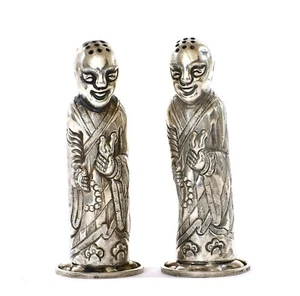 1930's Chinese Solid Silver Salt & Pepper Buddha Monk Figure Figurine Marked - Picture 1 of 9