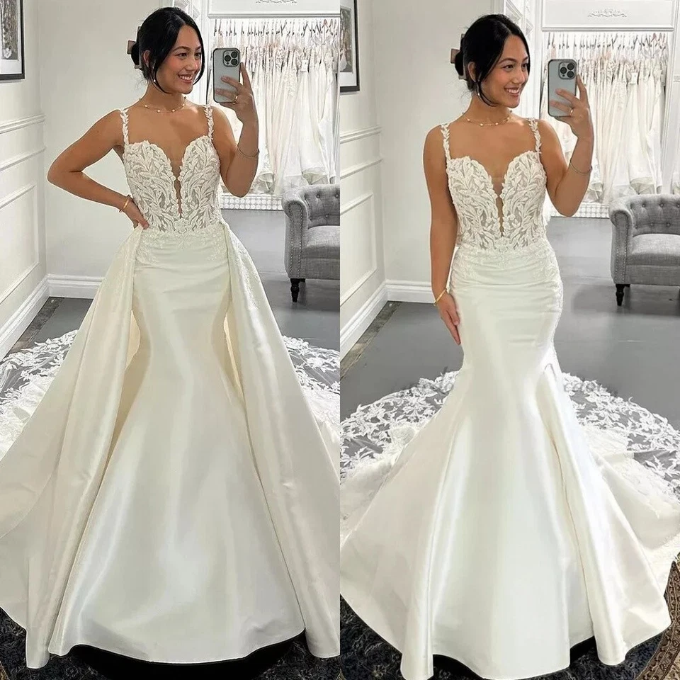 Vestidos de novia de sirena con tren desmontable de encaje con correa de espagueti vestido de novia Foto 1 de 4