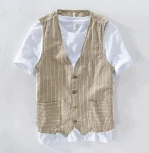 Men Linen Look Striped Gilet Sleeveless Jacket Suit Top Vest Waistcoat Retro - Picture 1 of 13