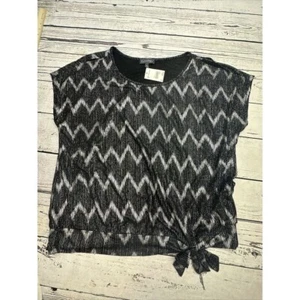 Luxology Blouse XL Short Sleeve Black Silver Open Shoulder Tie Waist - Picture 1 of 9