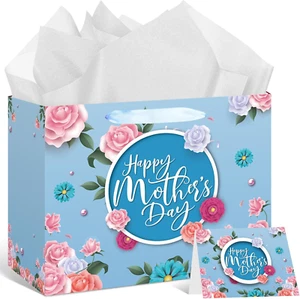 Mother'S Day Flower Gift Bags Blue and Pink Happy Mother'S Day Floral Gift Bag w - Picture 1 of 7