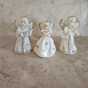 3 Angel Bells Ornaments Ivory With Gold Stars Detail Hand Painted Ceramic - Picture 1 of 21