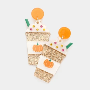New Womens Boutique Glittered Resin Pumpkin Spice Latte Frap Dangle Earrings - Picture 1 of 1