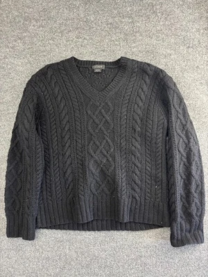 J Crew 毛衣女式小号黑色手工针织羊毛电缆针织套衫 V 领 — 第 1/4 张图片