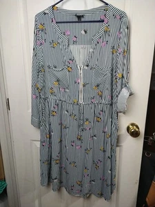 Torrid Woman 14/16 Dress Striped Floral V Zip Pocket Casual Roll Tab Sleeve - Picture 1 of 12
