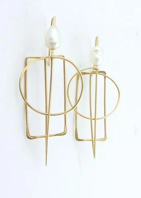Contemporary Modernist Gold Filled Wire Freshwater Pearl Dangle Pierce Earrings - Image 1 of 4