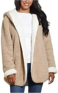 Giacca con cappuccio sherpa reversibile da donna resistente alle intemperie nuova con etichette (abbronzatura/crema, GRANDE) - Foto 1 di 2
