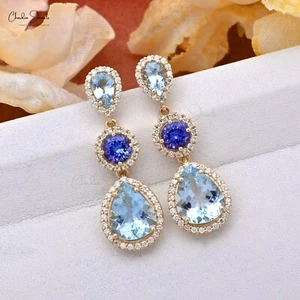 Real Aquamarine & Tanzanite Halo Dangle Earring 14k Yellow Gold Diamond Earrings - Picture 1 of 8
