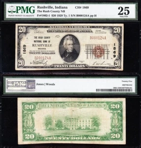 NICE *RARE* Bold & Crisp VF 1929 $20 RUSHVILLE, IN National Note! PMG 25! 00124A - Picture 1 of 3