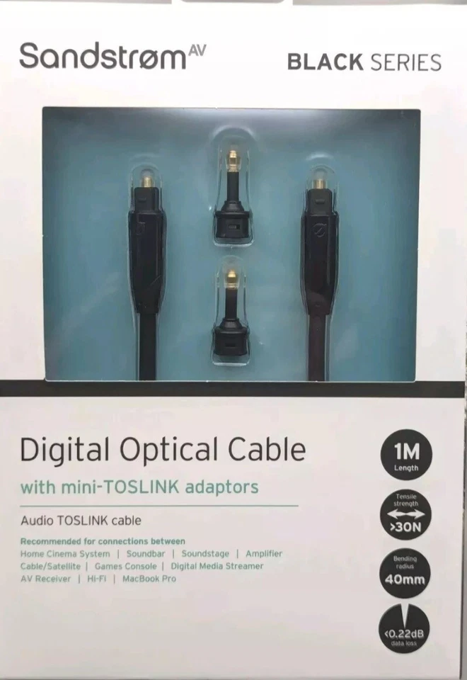 SANDSTROM AV DIGITAL OPTICAL CABLE W/ MINI-TOSLINK ADAPTORS 1M BLACK SERIES NEW - Image 1 of 1