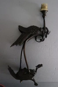Ancienne lampe de table chevet BRONZE GRUE SUR TORTUE MINOGAME chine japon XIXe - Foto 1 di 13