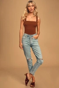 Lulus Basics Symbolize Bodysuit Brown Sleeveless Square Neck Stretch Women SMALL - Picture 1 of 17