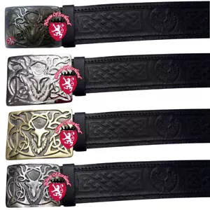 HS Scottish Kilt Belt Buckle Stag Head with Real Leather Belts Thistle Embossed - Picture 1 of 8