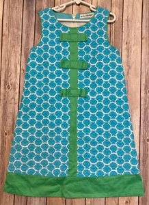 Mini Boden Girls Blue Seashells Shift Dress w/ Green Bows Lined Sleeveless 9 10 - Picture 1 of 2