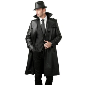 Genuine Leather Long Coat for Men, Leather Pea Coat Men, Mens Leather Overcoat - Picture 1 of 4