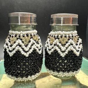 Vintage Glass Beaded Salt & Pepper Shaker India Indian Black Seed Bead Manorisms - Picture 1 of 12