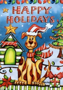 "HAPPY HOLIDAYS" PUP " REVERSIBLE !!! " Garden Size Flag - Picture 1 of 1