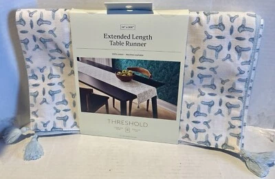 Threshold Extended Length Table Runner Blue White Tassels 14” X 108” - Image 1 of 4