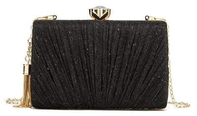 Elegant Stylish Gemstone Decor Clip Top Black Gold Chain Evening Bag Clutch - Image 1 of 4