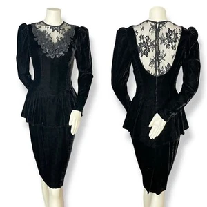 Abito vintage Scott McClintock velluto pizzo paillettes peplo anni 80 90 dramma formale - Foto 1 di 16