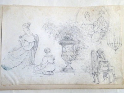 Ecole FRANCAISE XIX DESSIN CRAYON CROQUIS ROMANTISME PORTRAITS VASE MEDICIS 1840 - Photo 1/4