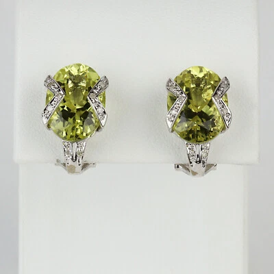 Pretty 14k White Gold, Prasiolite, Diamond Women's Omega Earrings - Image 1 of 2